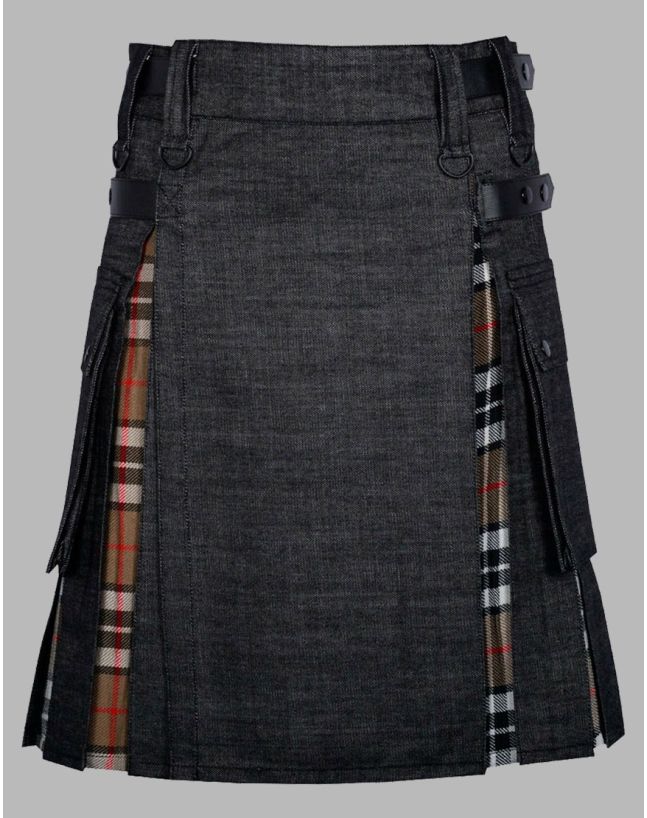 Modern Black Denim With Campbell of Thomson Tartan Hybrid Utility Kilt